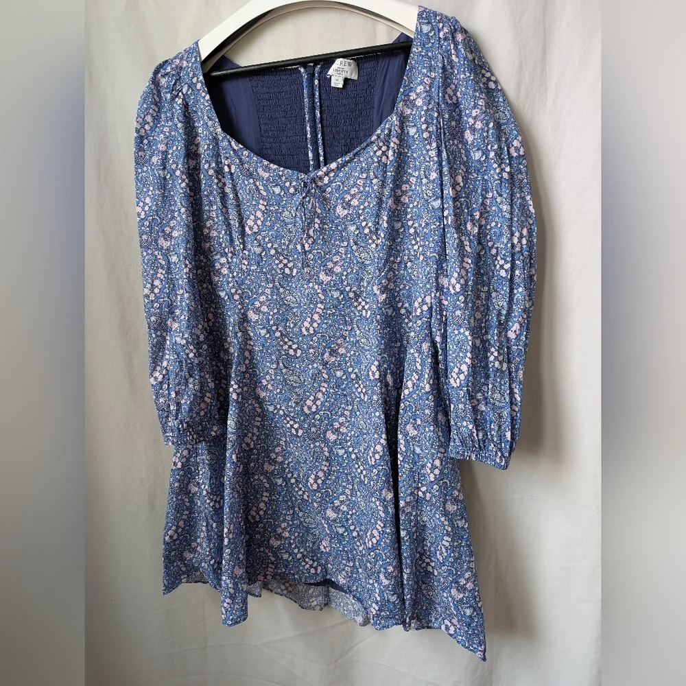 J. Crew Mini Dress 14 Liberty Bourton Bloom Sweetheart Puff Sleeve Milkmaid Blue